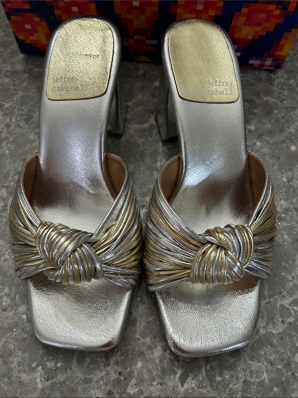 Jeffrey Campbell Silver/Gold Knotted Block Heel Slide Sandals - Picture 3 of 12
